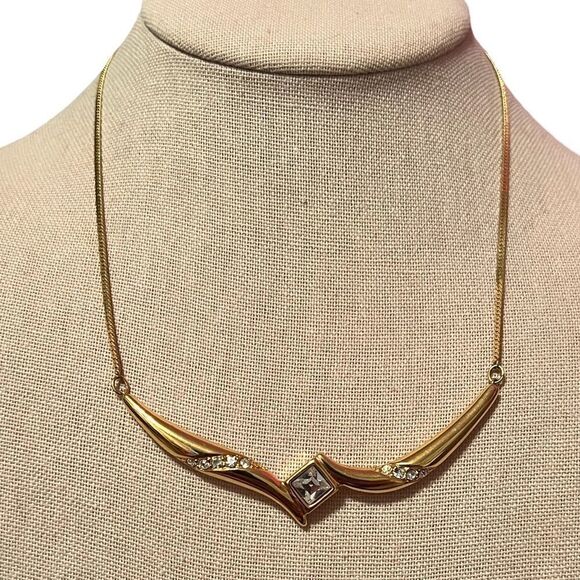 Vintage Monet Art Deco Cubic Zirconia Gold Tone Necklace - Picture 1 of 2